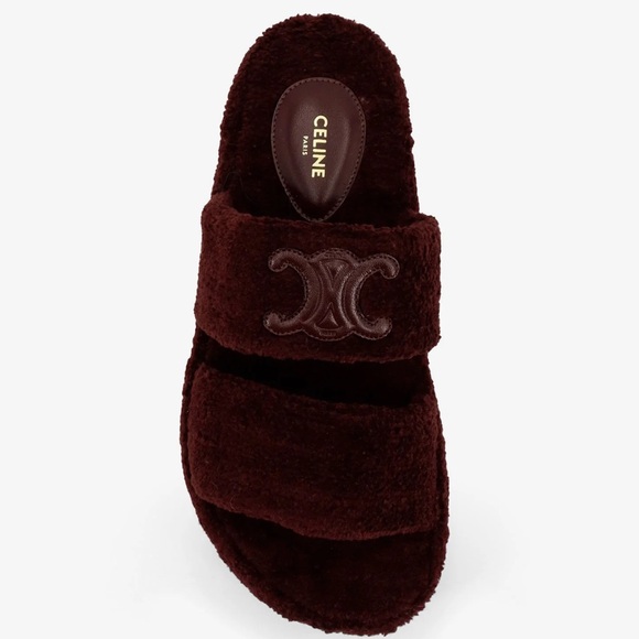 Celine Shoes - CELINE Triomphe logo shearling double straps platform slides sandals